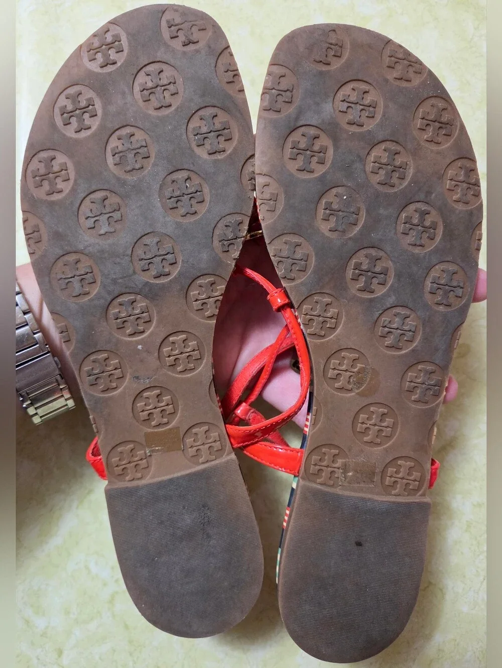 Tory Burch Red Strap Blue & Red Striped Footbed Sandals